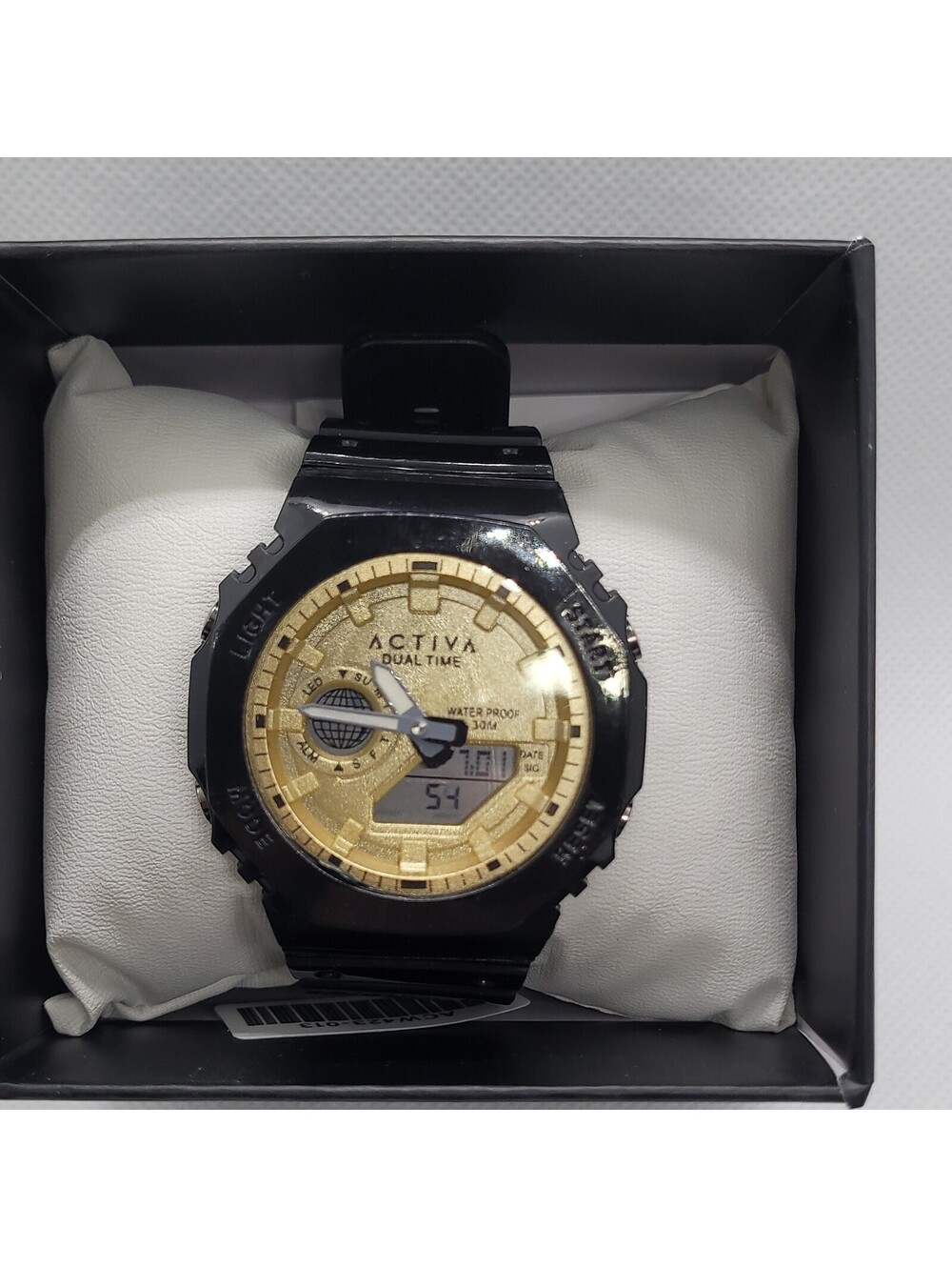 58 Activa Dual Time Analog Digital Black Resin Band Gold Dial Sport Watch